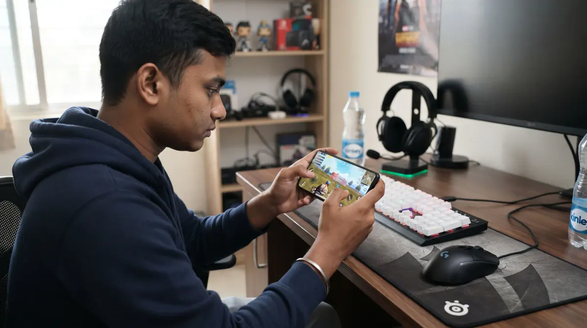 Competitive gamer playing PUBG Mobile on a high-refresh-rate smartphone beside gaming accessories