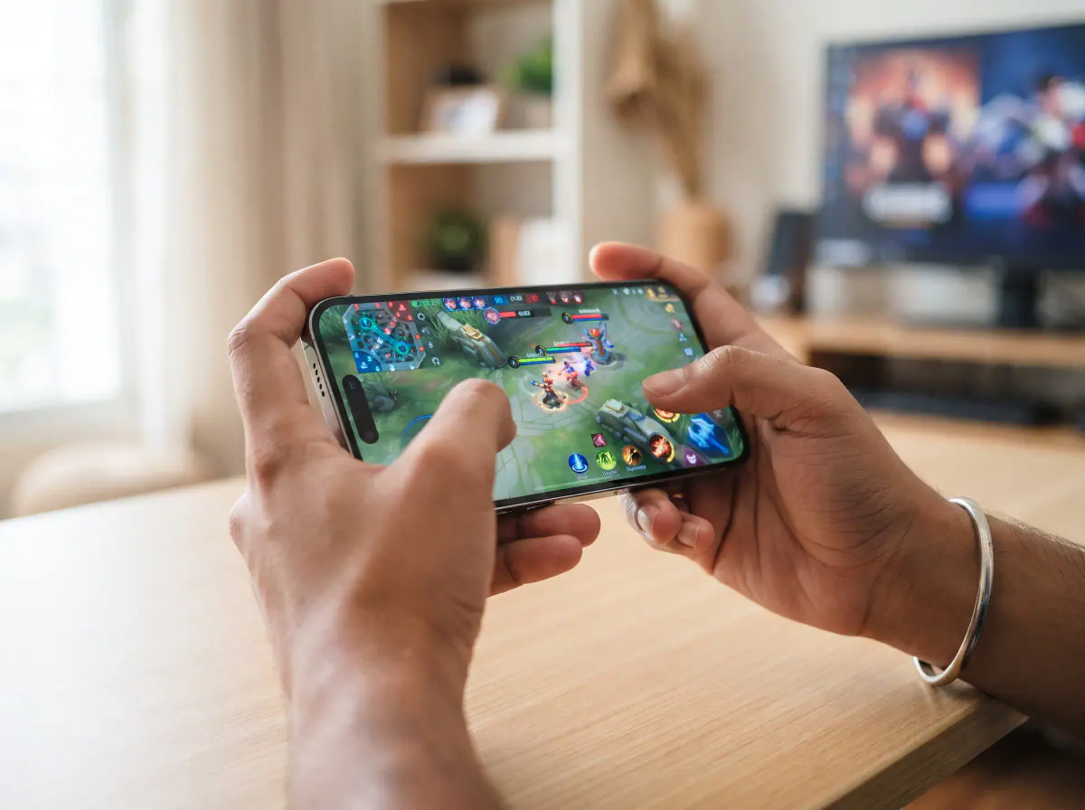 Hands holding a smartphone during an intense Mobile Legends Bang Bang ranked match